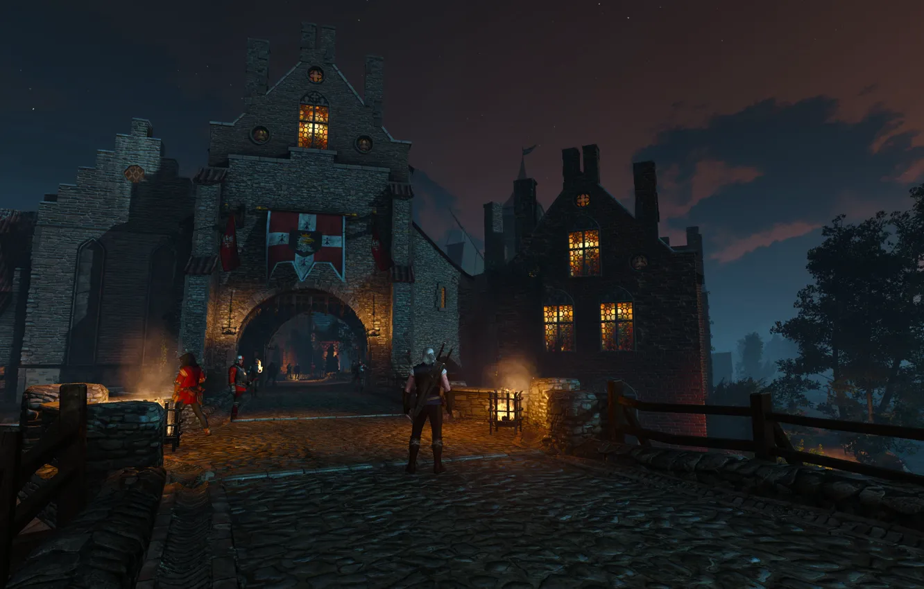 Photo wallpaper warrior, sword, armor, Geralt, The Witcher, The Witcher, CD Projekt RED, the city