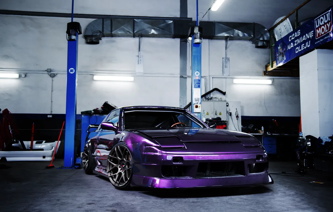 Photo wallpaper Nissan 200SX, violet, Garage, Nissan, Front