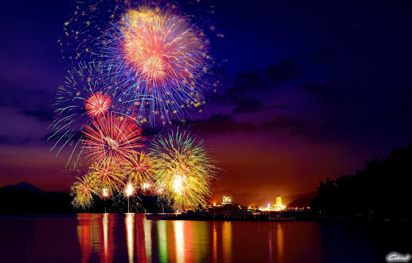 Photo wallpaper night, the city, lights, lake, salute, fireworks