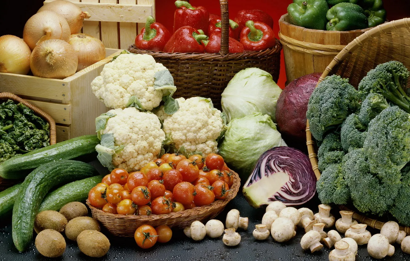 Photo wallpaper basket, vegetables, cabbage, mushrooms, abundance, drops