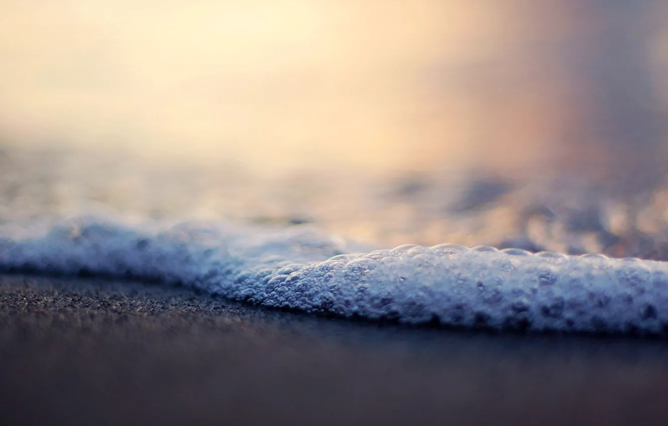 Photo wallpaper sand, sea, beach, foam, water, bubbles, shore, wave