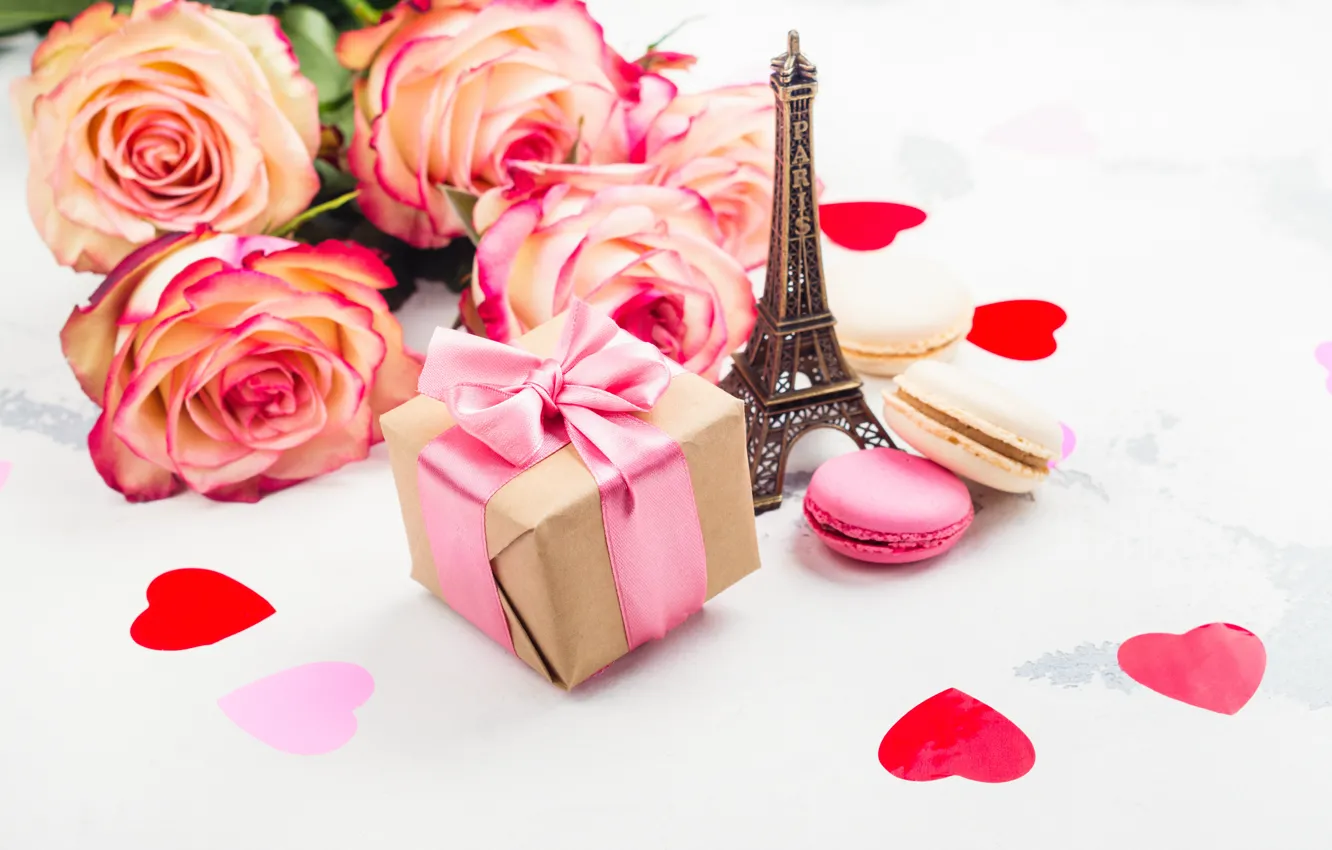 Photo wallpaper gift, roses, bouquet, cookies, decor, composition, Eiffel tower