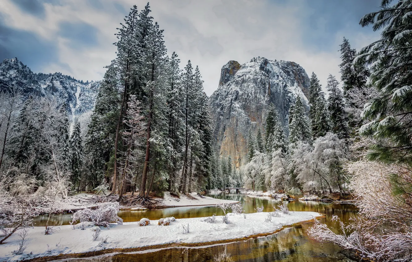 Photo wallpaper winter, forest, snow, mountains, CA, USA, river, Yosemite national Park
