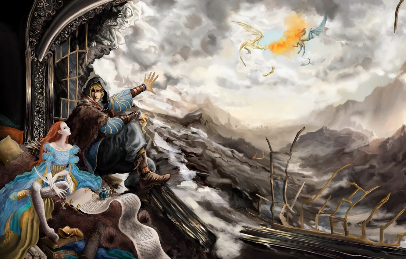 Photo wallpaper girl, landscape, elf, dragons, fantasy, flight, fantasy, The Elder Scrolls V: Skyrim
