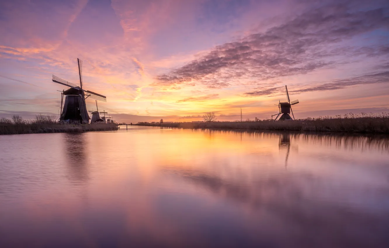 Photo wallpaper sunset, dawn, pond, windmills