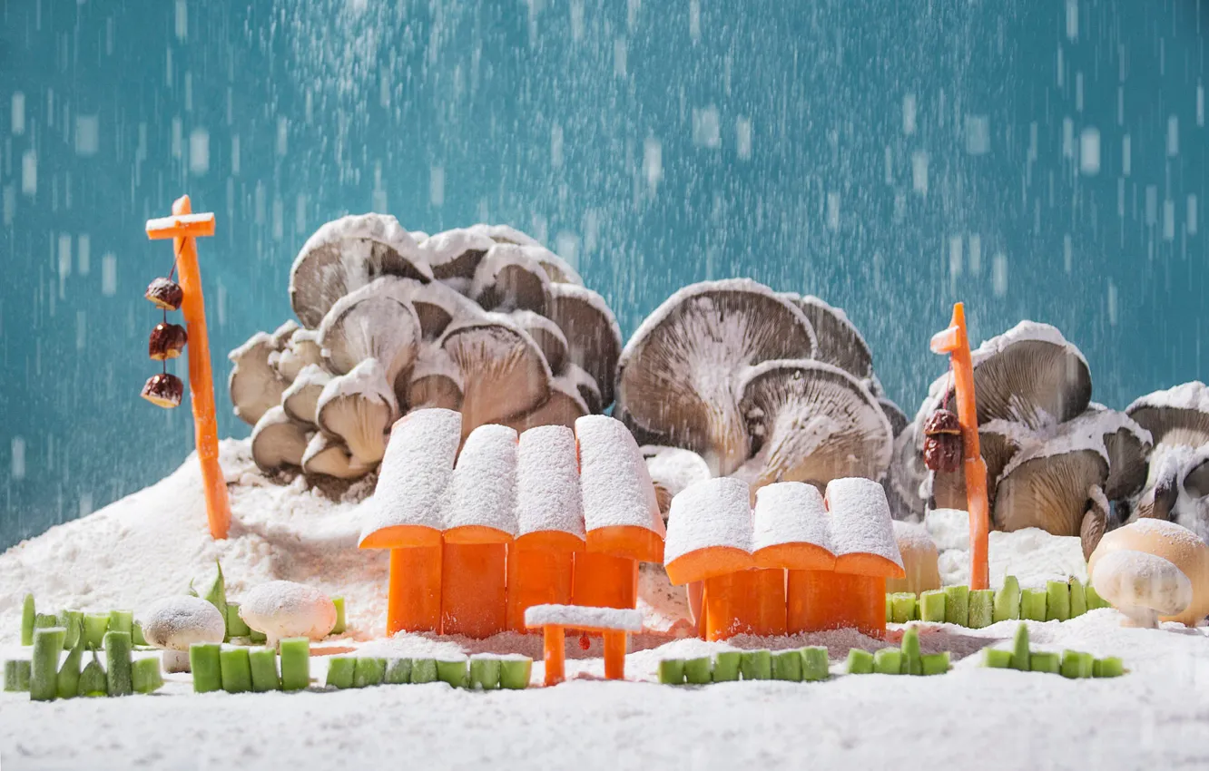 Photo wallpaper winter, roof, snow, mountains, fantasy, hills, in the snow, mushrooms