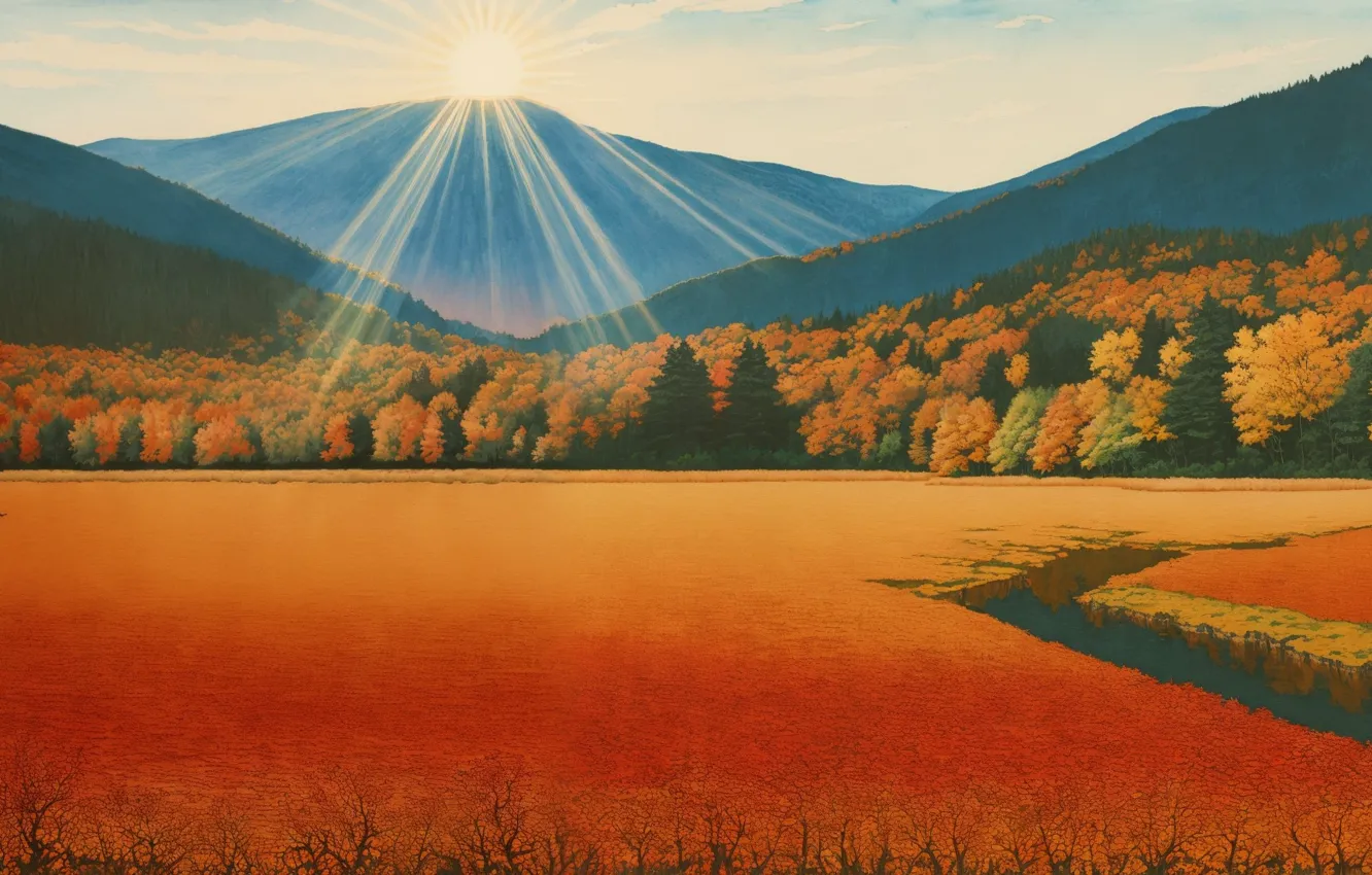 Photo wallpaper trees, landscape, nature, art, mountains, painting, reflection, digital art