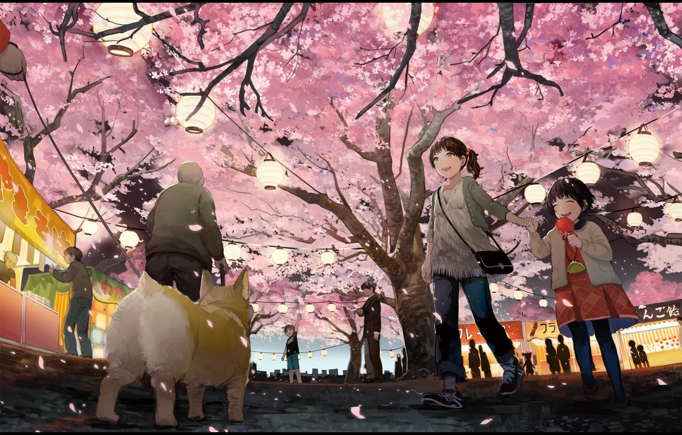 Photo wallpaper children, dog, spring, anime