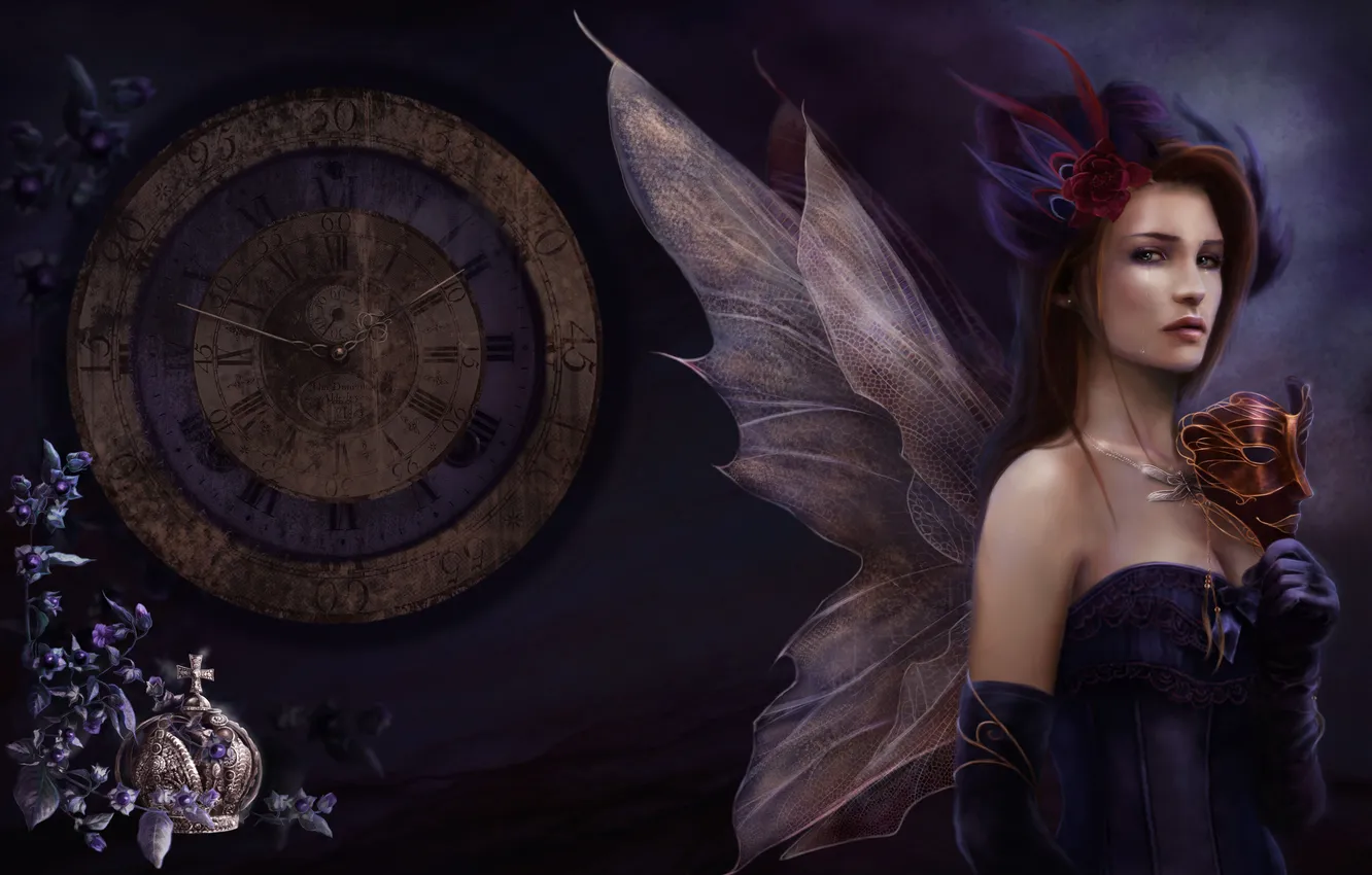 Photo wallpaper girl, decoration, watch, wings, crown, mask, tears