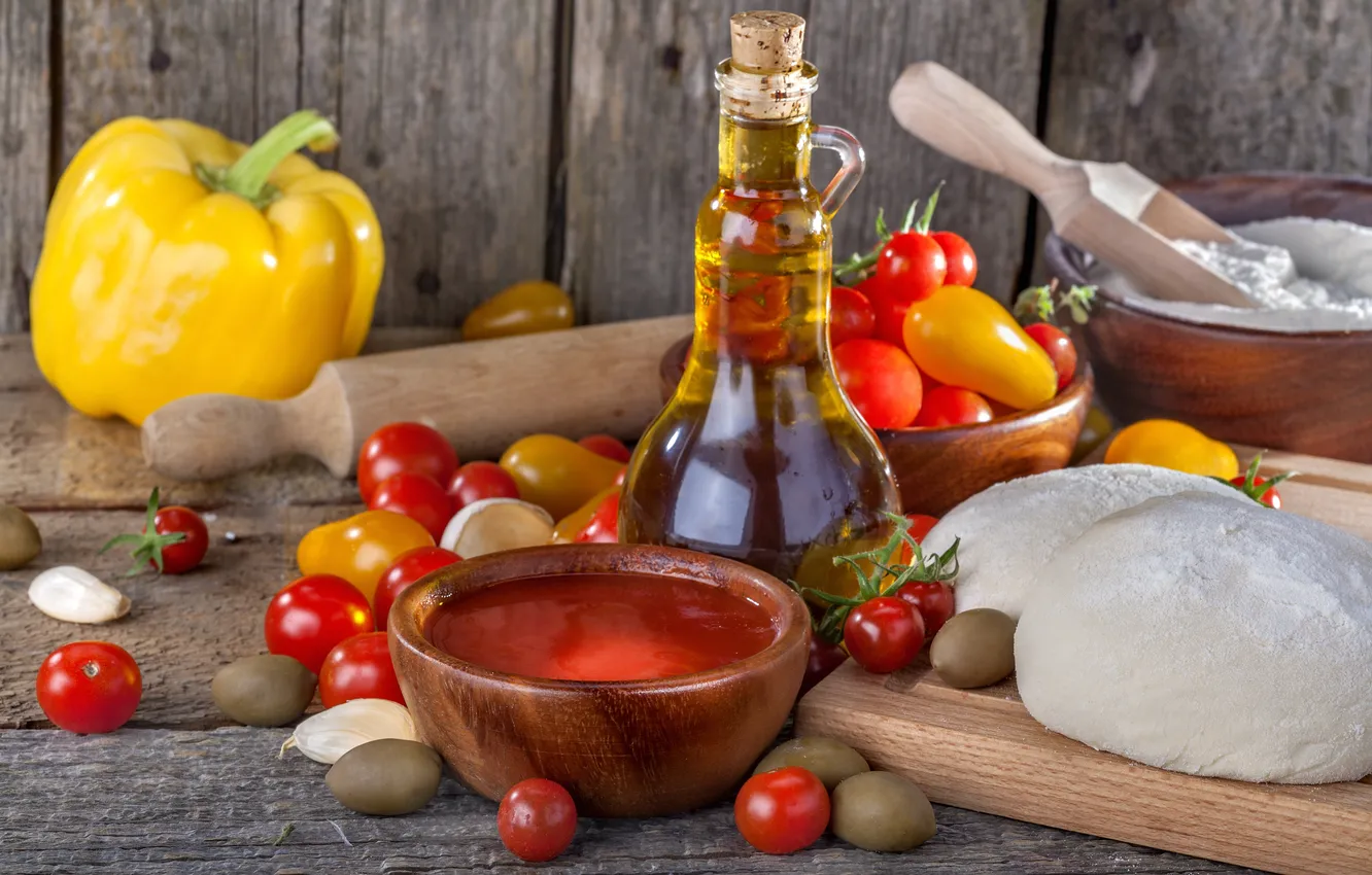 Photo wallpaper oil, pepper, tomatoes, olives, the dough
