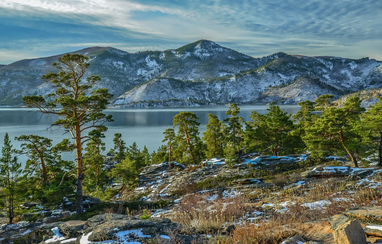 Photo wallpaper trees, mountains, lake, Kazakhstan, Bayanaul mountains, The Lake Zhasybai, Bayanaul national Park