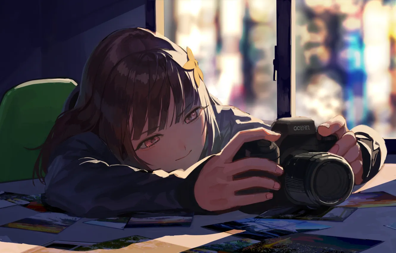 Photo wallpaper the camera, lens, photos, schoolgirl, window, bangs, at the table, by Ukimesato