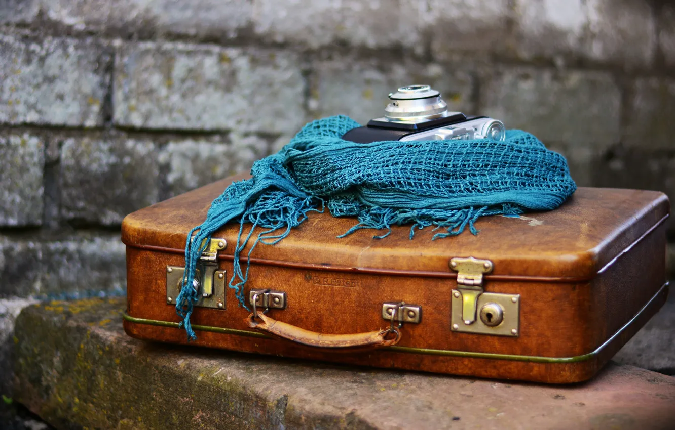 Photo wallpaper blue, wall, things, scarf, the camera, suitcase, bricks, brown