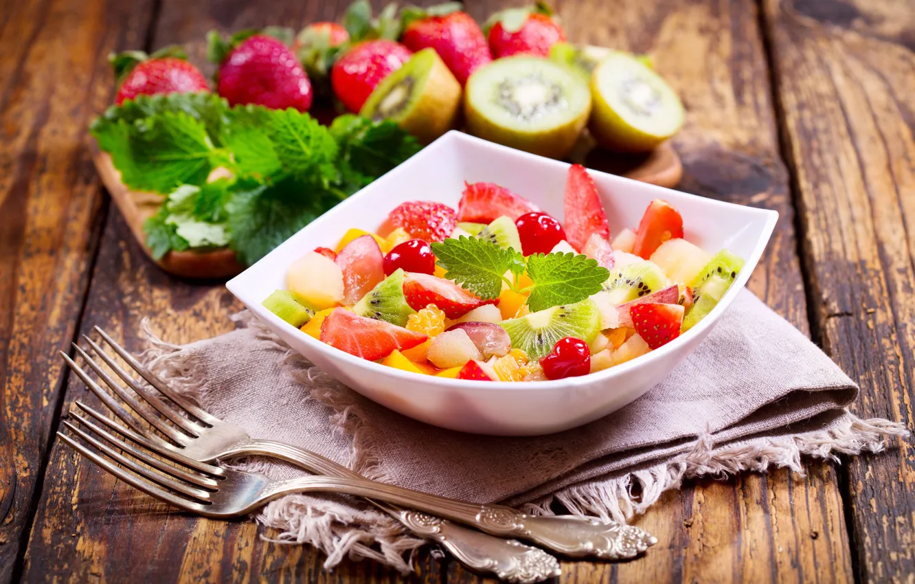 Photo wallpaper dessert, Cutlery, fruit salad