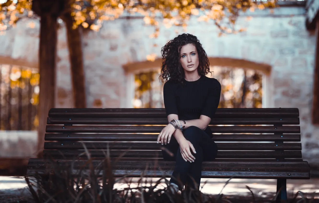 Photo wallpaper autumn, girl, decoration, trees, the building, Windows, brunette, bracelets