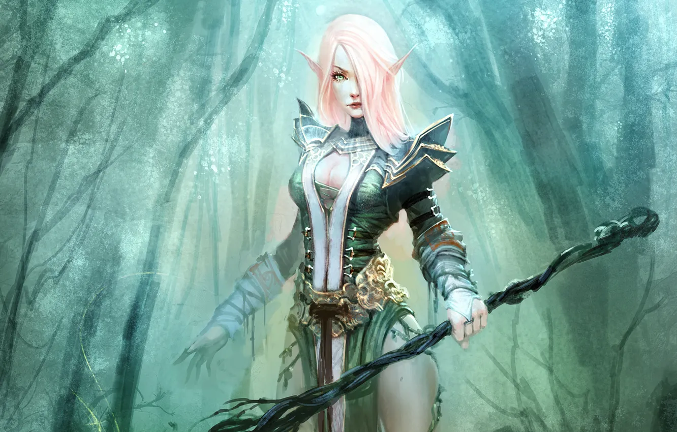 Photo wallpaper forest, girl, armor, staff, elf
