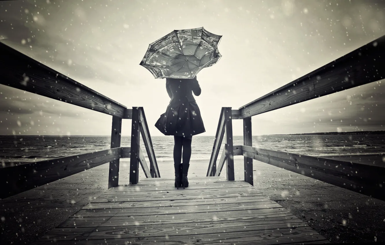 Photo wallpaper girl, snow, the wind, umbrella