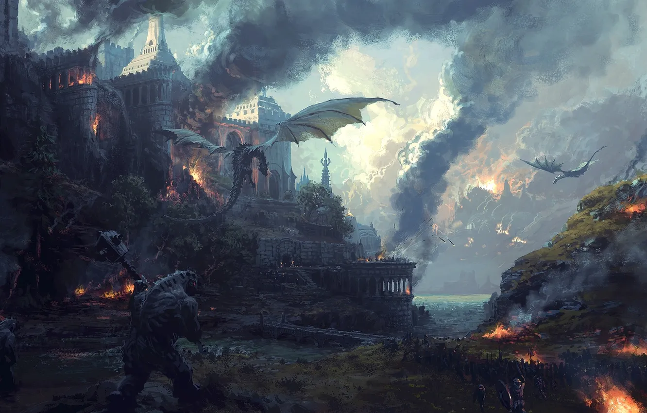 Photo wallpaper fire, fantasy, Dragon, soldiers, smoke, mountains, lake, army