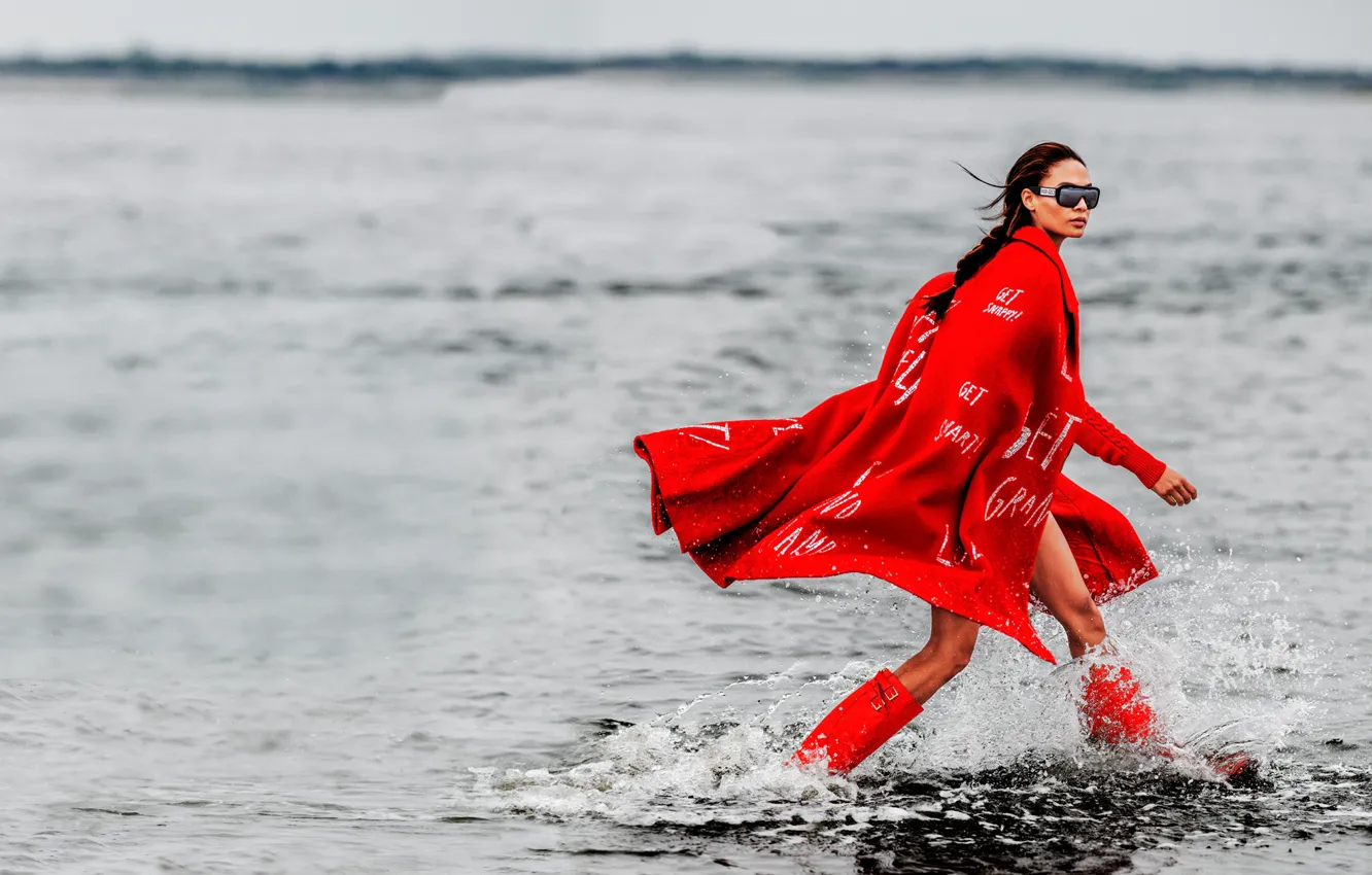 Photo wallpaper water, model, boots, brunette, glasses, hairstyle, in red, coat