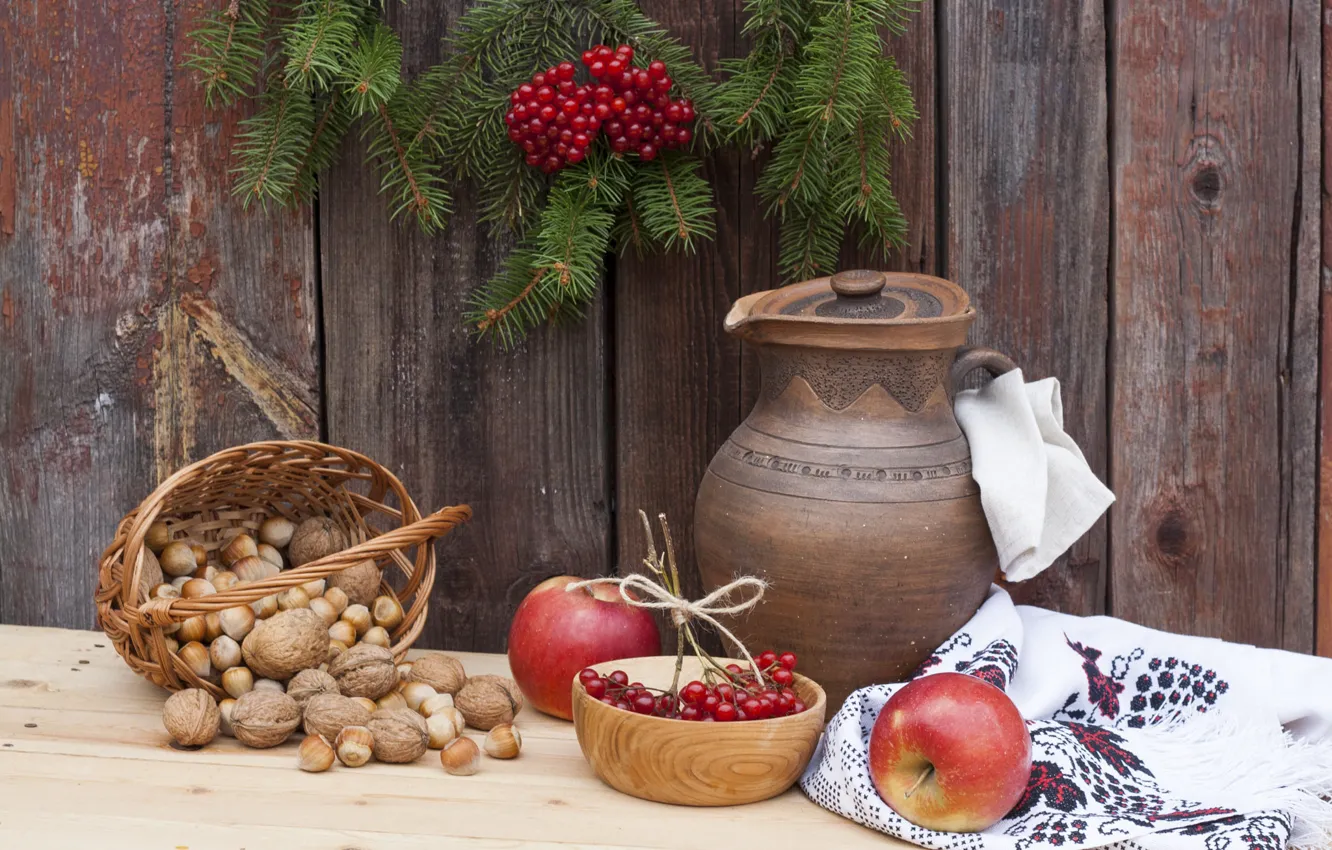 Photo wallpaper branches, berries, basket, apples, Board, food, spruce, pitcher