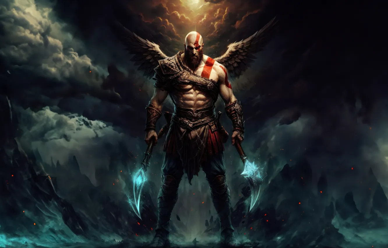 Photo wallpaper axe, light, god of war, weapon, kratos, sony, wings, snow