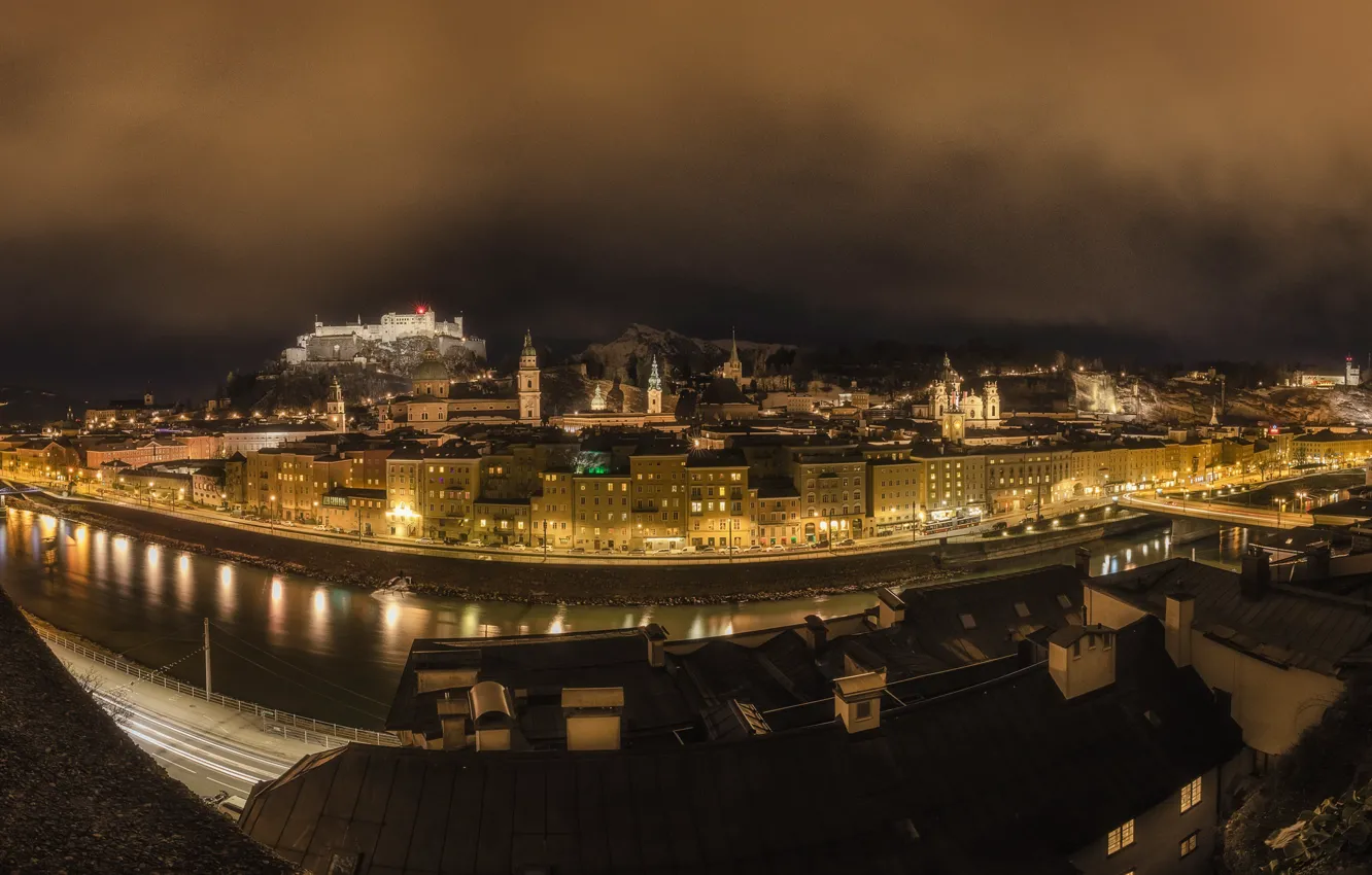 Photo wallpaper night, the city, Salzburg, Hohensalzburg Castle