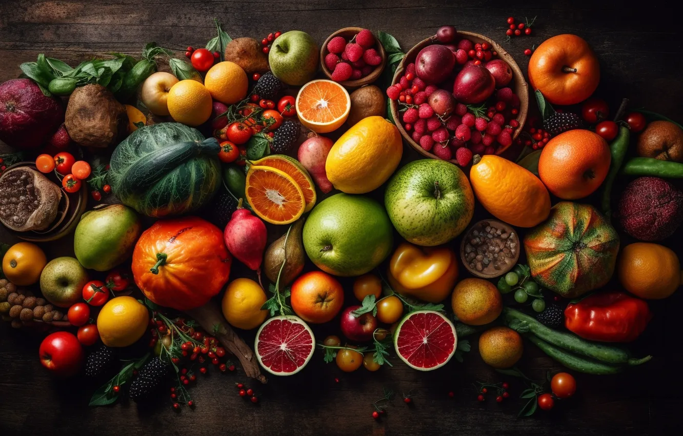 Photo wallpaper berries, raspberry, apples, Board, food, citrus, pepper, fruit
