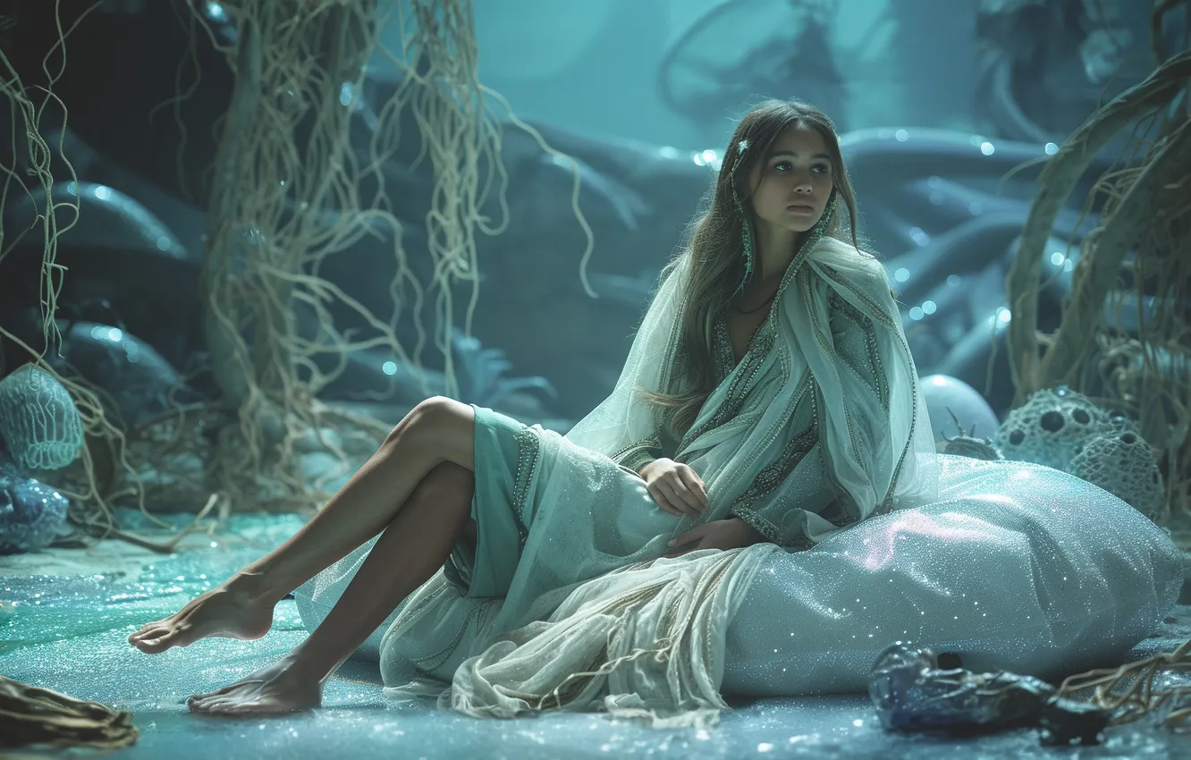 Photo wallpaper look, feet, Rus, AI art, blue background, haze, girl, sitting