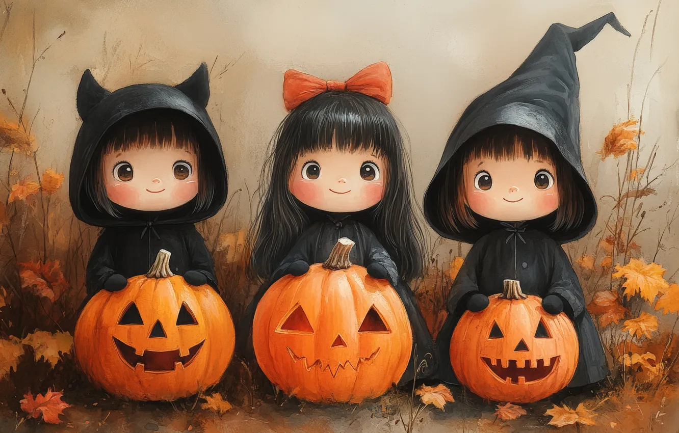 Photo wallpaper autumn, children, holiday, foliage, trio, bow, cap, Jack