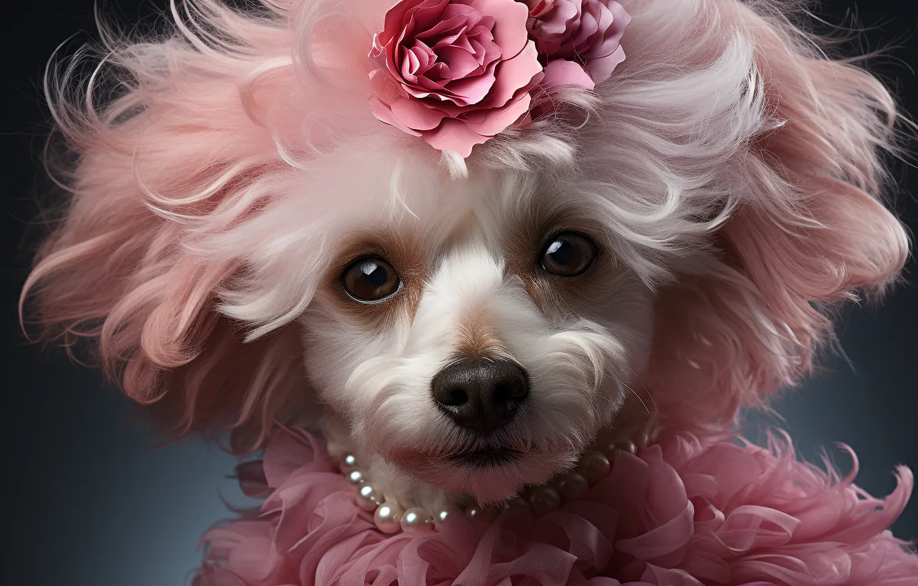Photo wallpaper look, decoration, flowers, pose, portrait, dog, hairstyle, collar