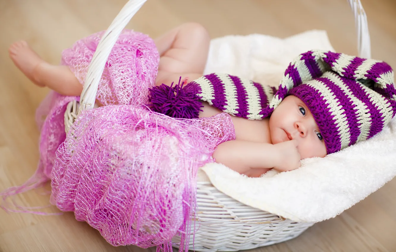 Photo wallpaper basket, hat, child, Winter, baby, baby, kid, Infants