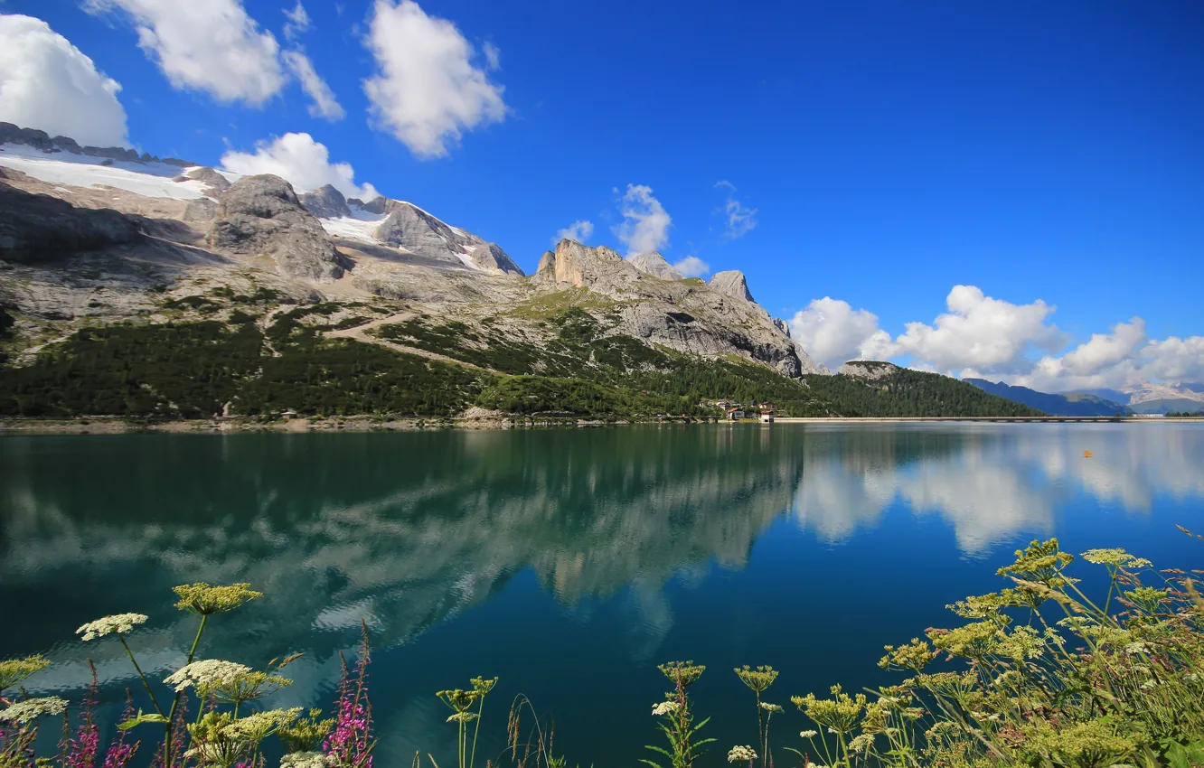 Photo wallpaper mountains, lake, reflection, Italy, Italy, Lake Fedaia