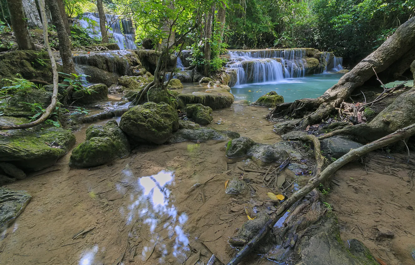 Photo wallpaper forest, landscape, river, rocks, waterfall, summer, forest, tropical