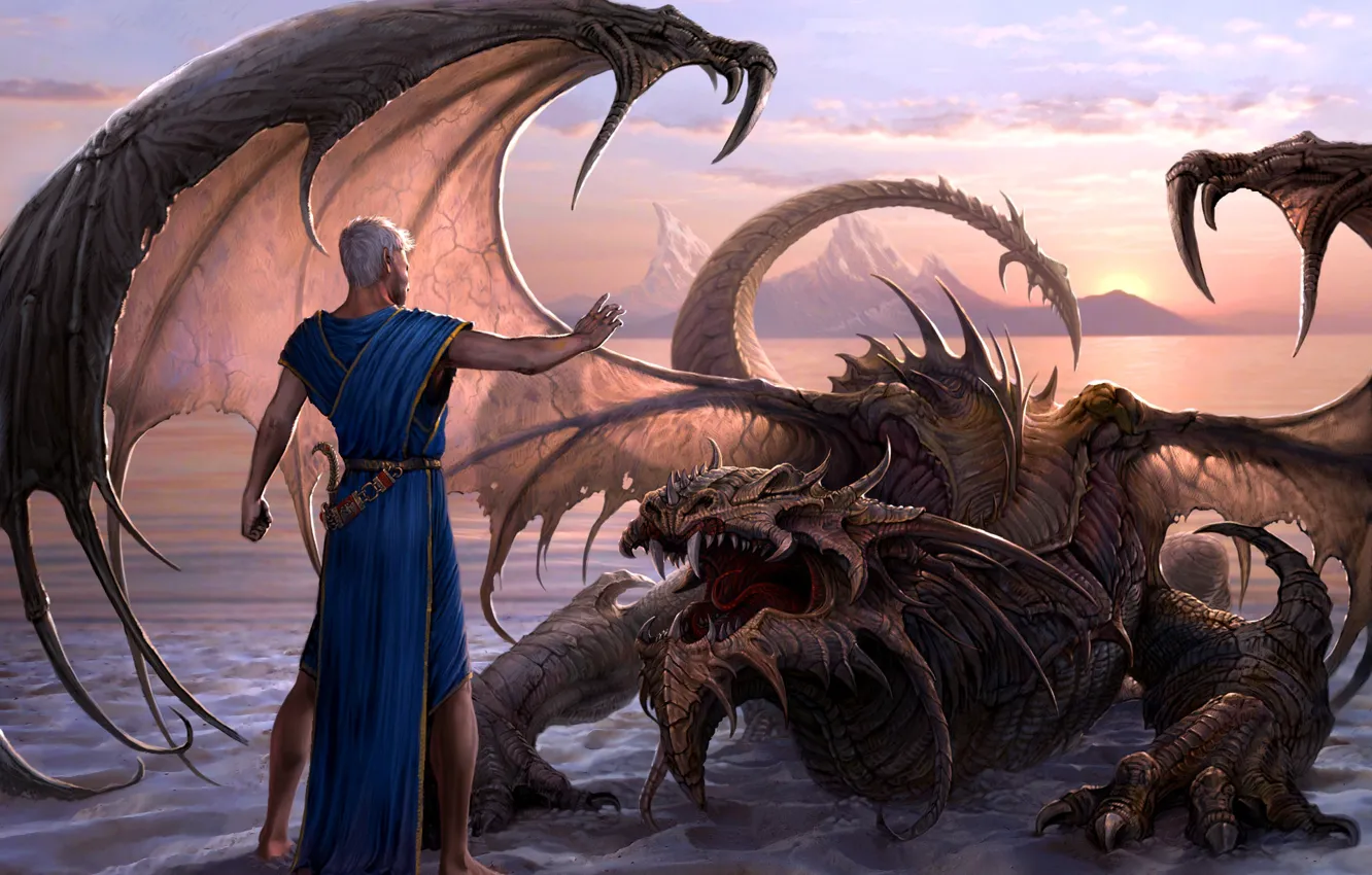 Photo wallpaper mountains, dragon, man, Lord of the Water Dragon