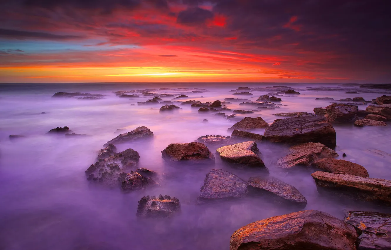 Photo wallpaper sea, beach, stones, dawn, morning