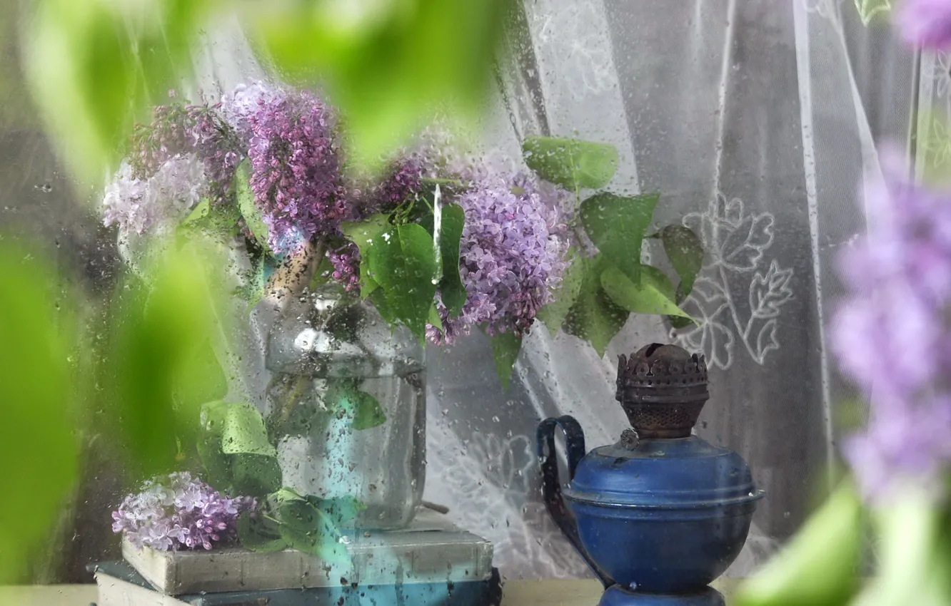 Photo wallpaper flowers, bouquet, spring, still life, lilac, bokeh, lamp