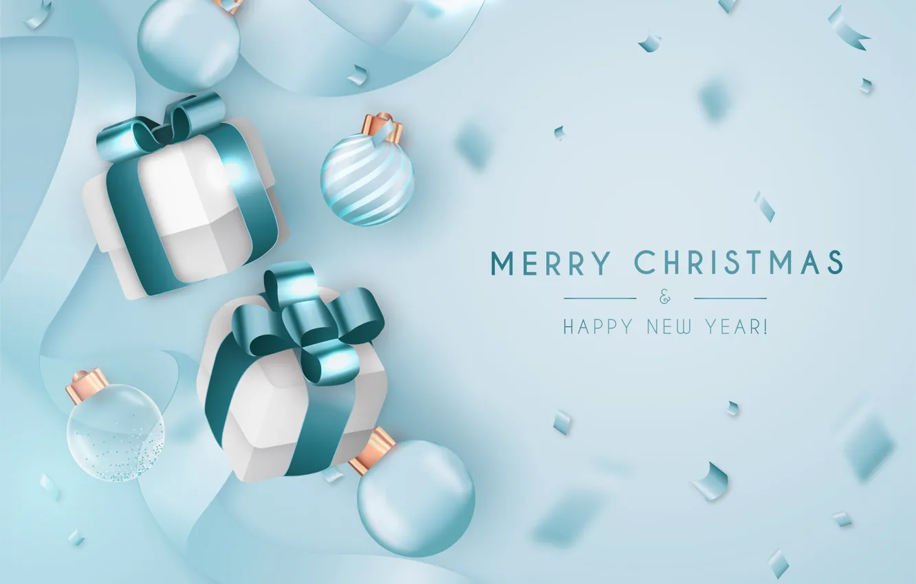 Photo wallpaper balls, balls, Christmas, gifts, New year, blue background