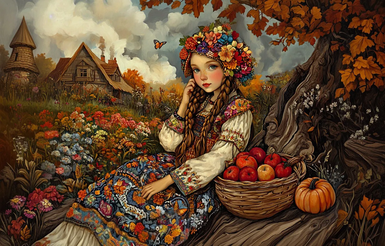 Photo wallpaper field, autumn, clouds, trees, flowers, butterfly, foliage, apples