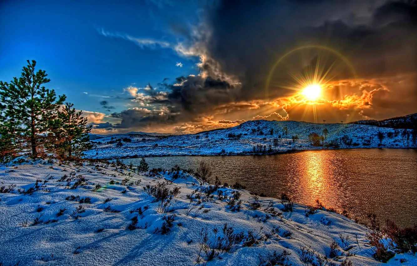 Photo wallpaper winter, the sky, the sun, clouds, snow, landscape, sunset, nature