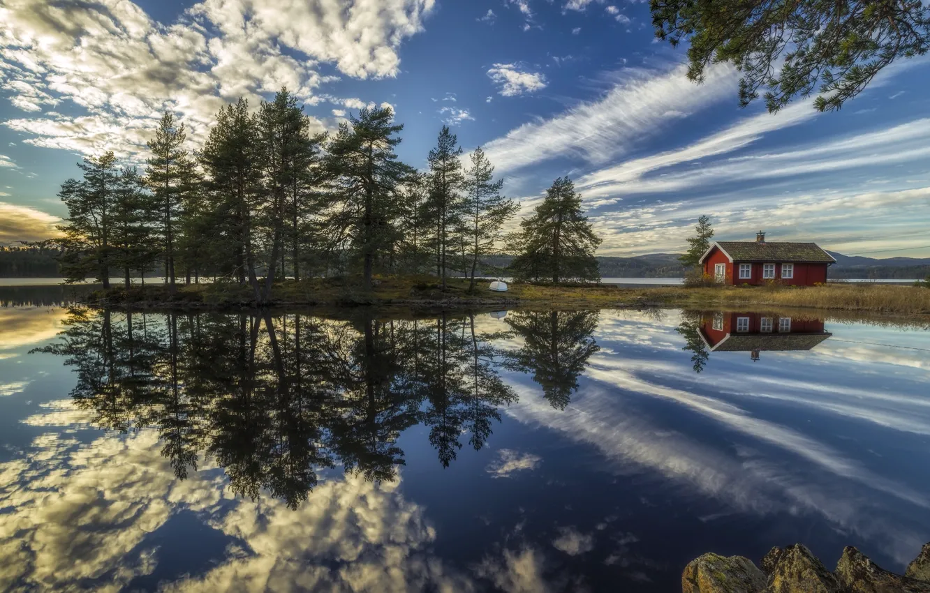Photo wallpaper clouds, trees, lake, house, reflection, Norway, Norway, RINGERIKE