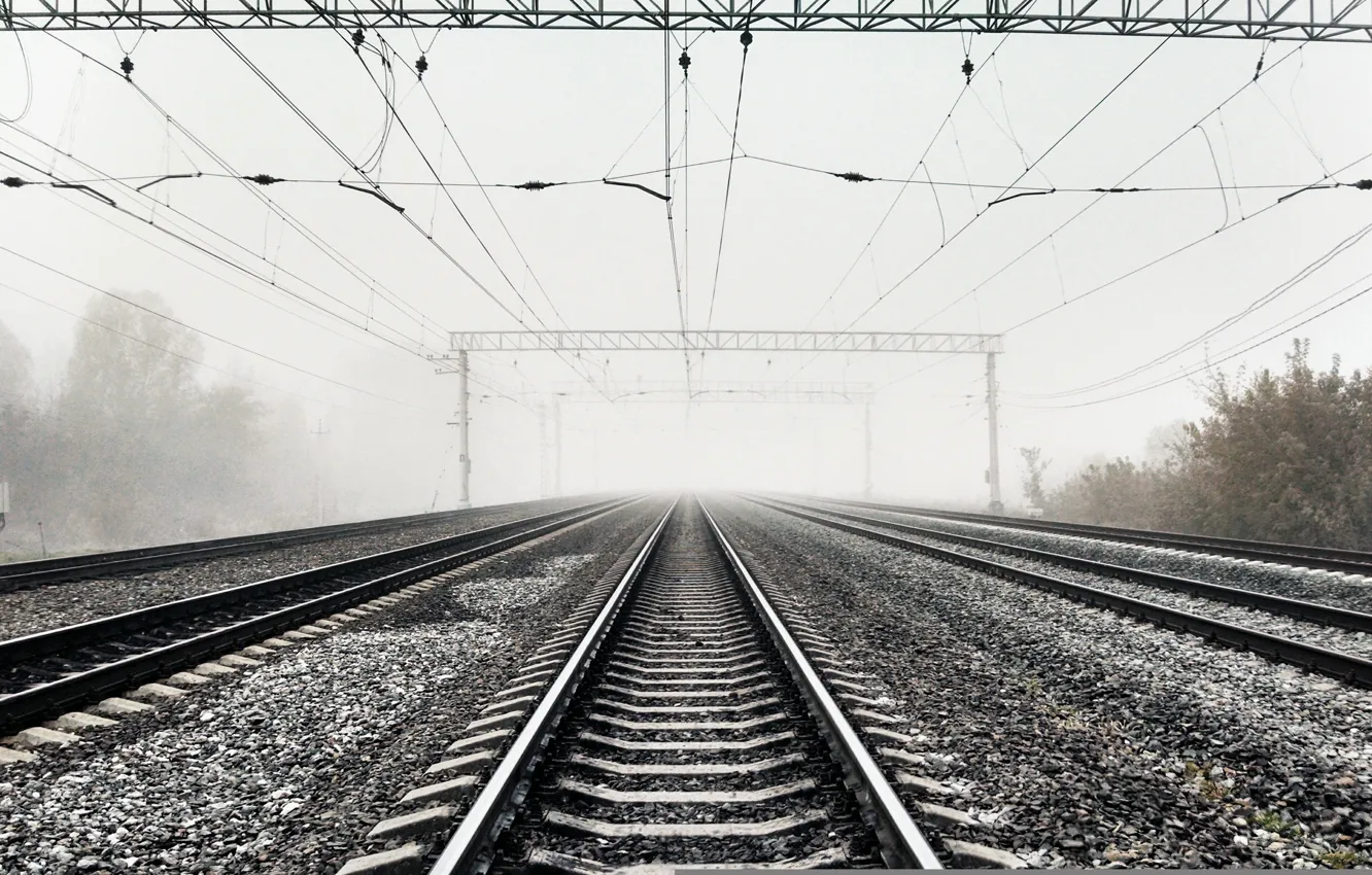 Photo wallpaper fog, morning, rails, railroad, Railways