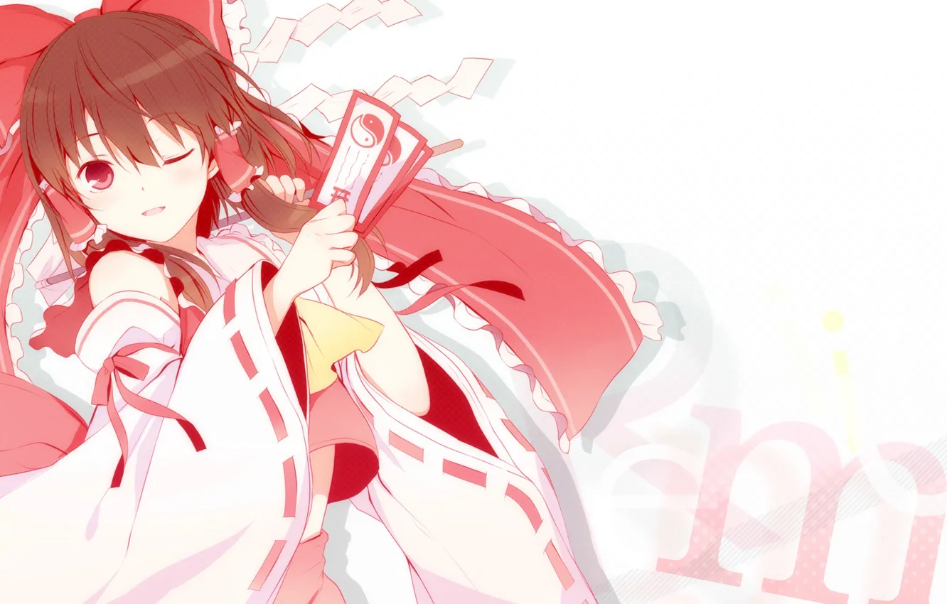 Photo wallpaper bow, touhou, wink, card, Ying-Yang, Hakurei Reimu