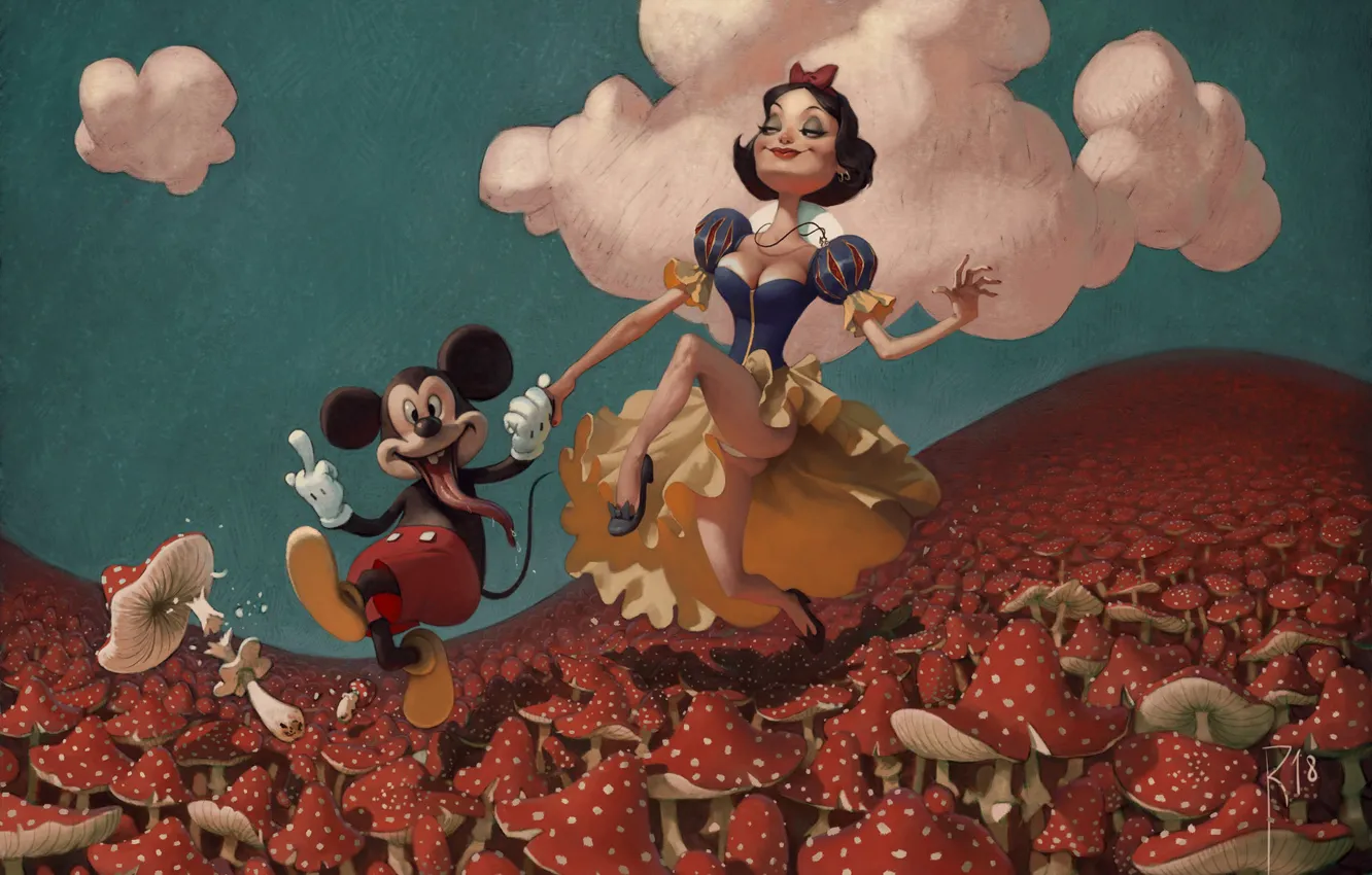 Photo wallpaper Figure, Mushrooms, Background, Fuck, Art, Snow white, Mickey Mouse, Mickey Mouse