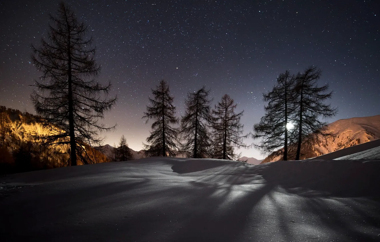 Photo wallpaper winter, stars, snow, trees, mountains, night, nature