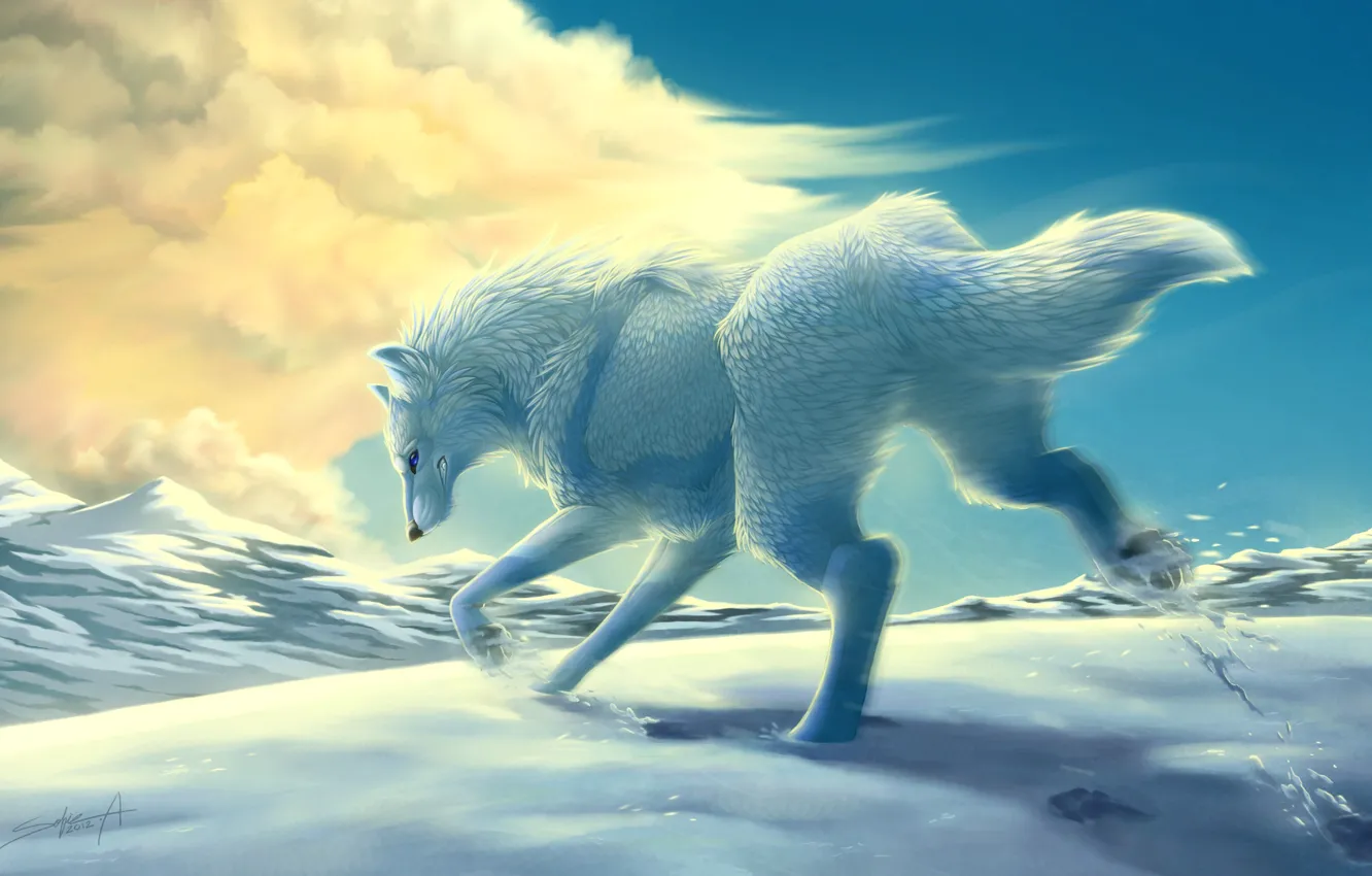 Photo wallpaper winter, white, clouds, snow, mountains, movement, wolf, art