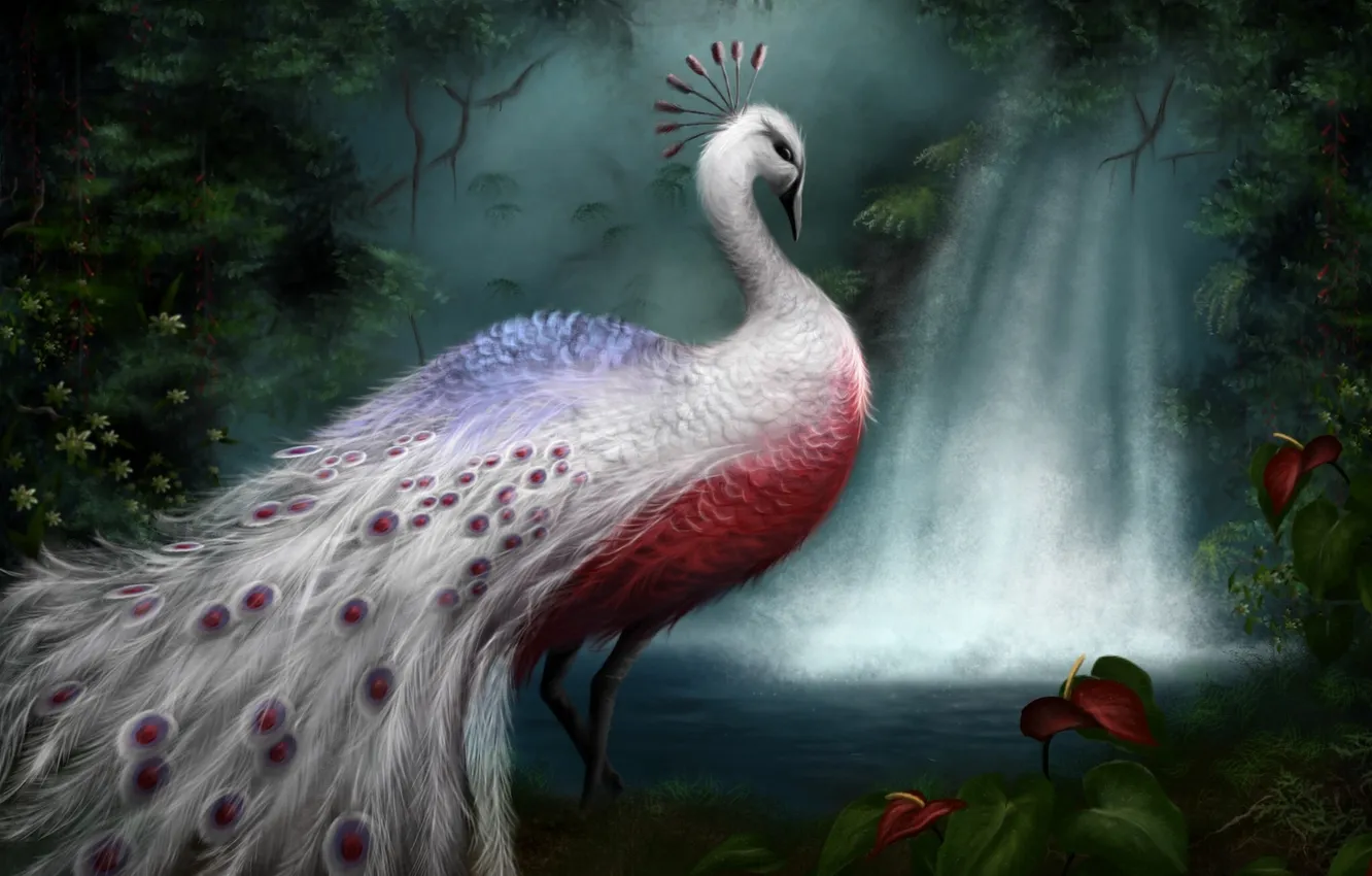 Photo wallpaper forest, white, flowers, bird, waterfall, art, peacock