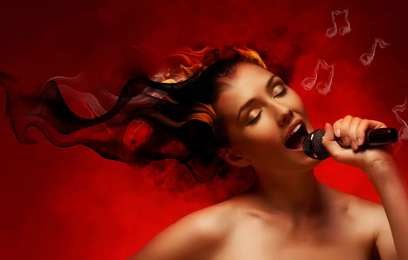 Photo wallpaper lights, notes, mood, microphone, singing