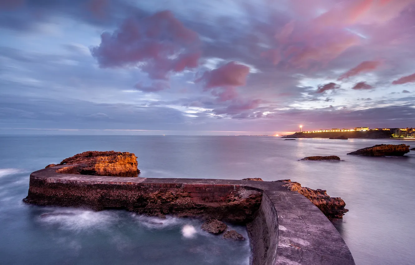 Photo wallpaper sea, lights, shore, the evening