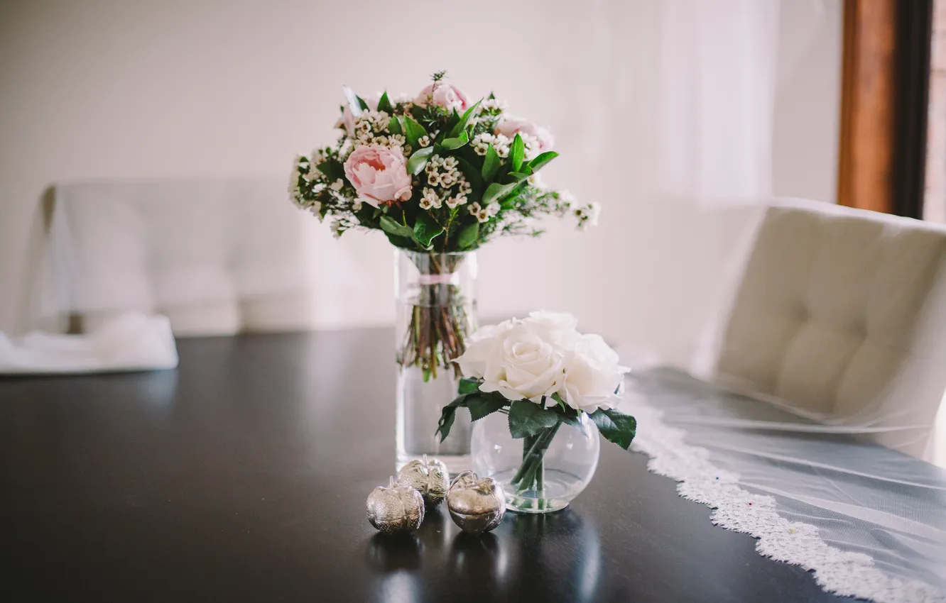 Photo wallpaper flowers, roses, bouquet, vase, white