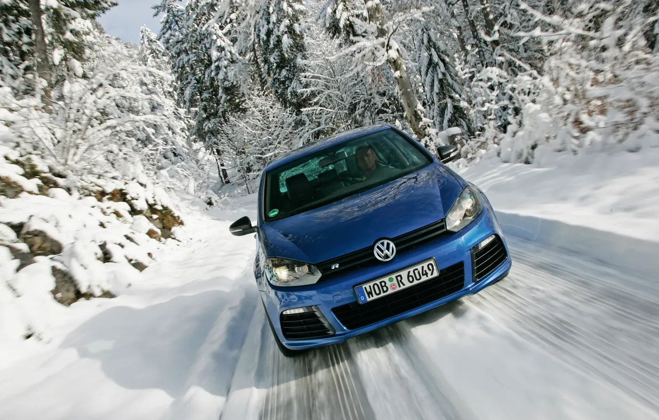 Photo wallpaper road, forest, snow, speed, car, vw golf mk6 r32